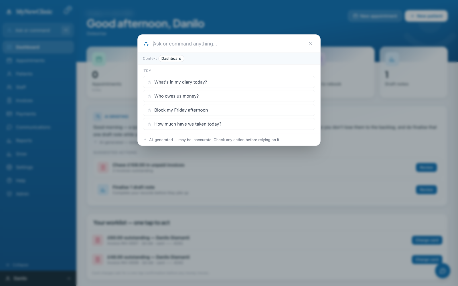 MyNewClinic ⌘K command bar — ask or command anything in plain English